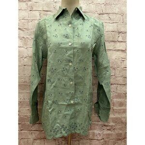 Lauren Ralph Lauren Green Button Up Shirt Linen Blouse Eyelet Scalloped Hem S